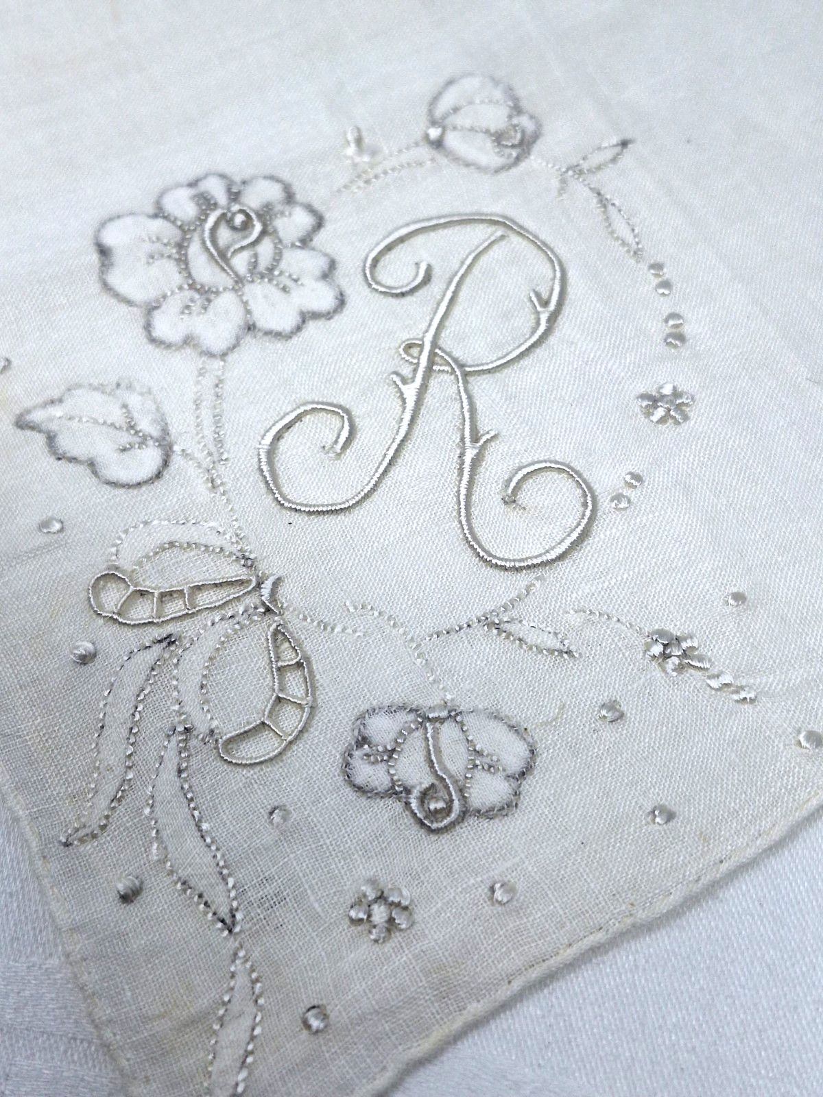 Monogram White on White Corner Madeira Letter R Hand Rolled Linen Hankie FREE