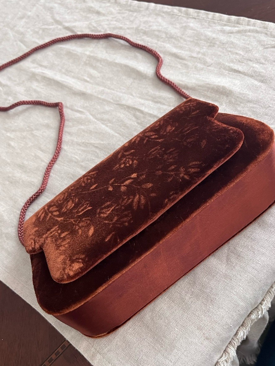 Vintage Signature Studio Structured Brown Velvet Clutch Handbag Floral Pattern