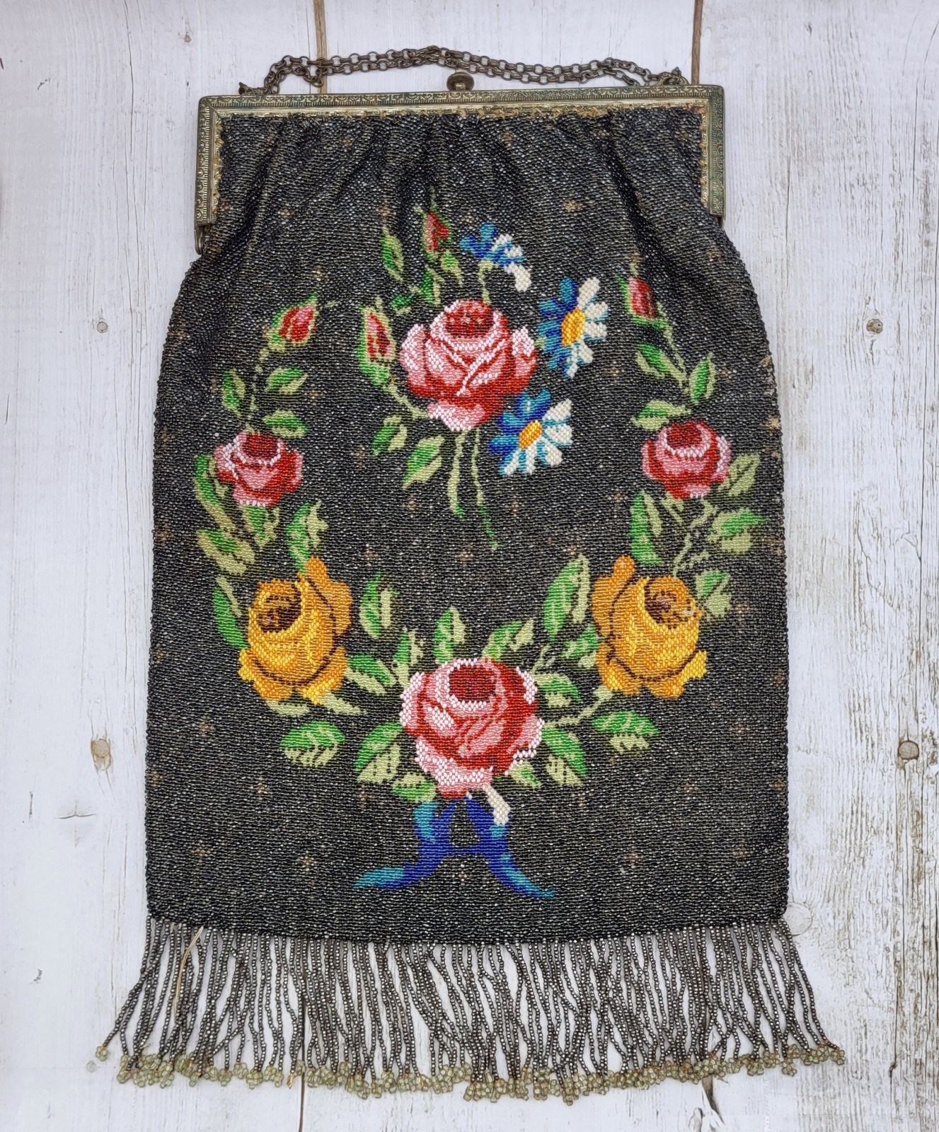 Large 13″ Antique Art Nouveau Floral Beaded Purse Handbag