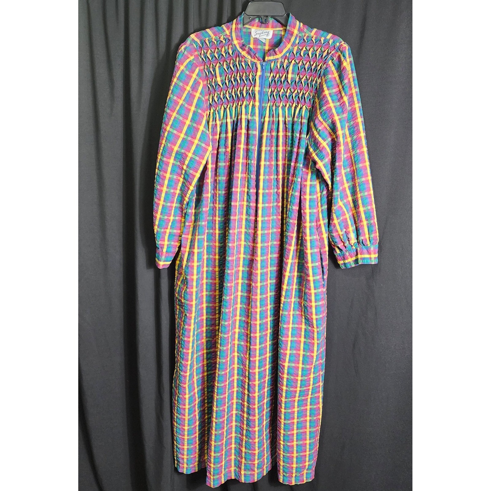 Vintage Saybury Rainbow Plaid Smocked House Coat Zip Front Robe Maxi XL Granny