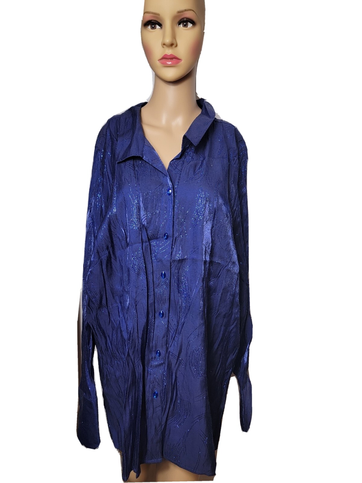 Vintage Womens Plus Button Up Shirt Blue Sparkle Long Sleeve 26w-28w Studio 1940