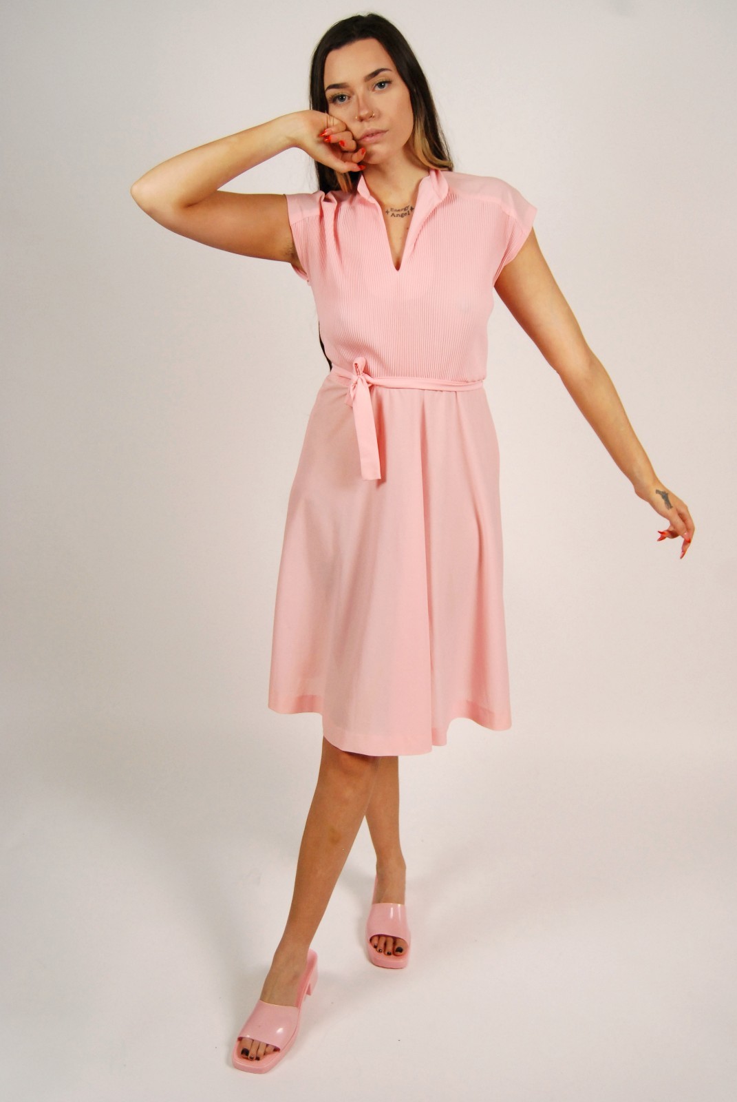 70s Collared Dress (S) small pink vintage midi pinup retro rockabilly sweet