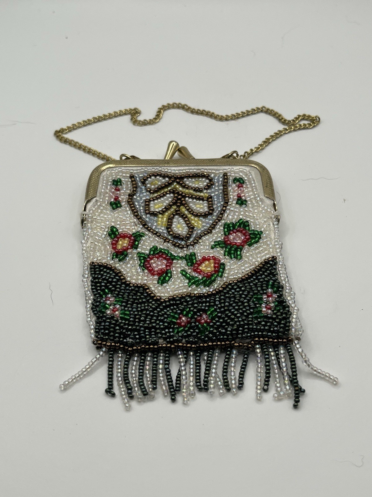 Handmade Art Deco Beaded Kiss-Lock Coin Purse Floral Fringe Chain Evening