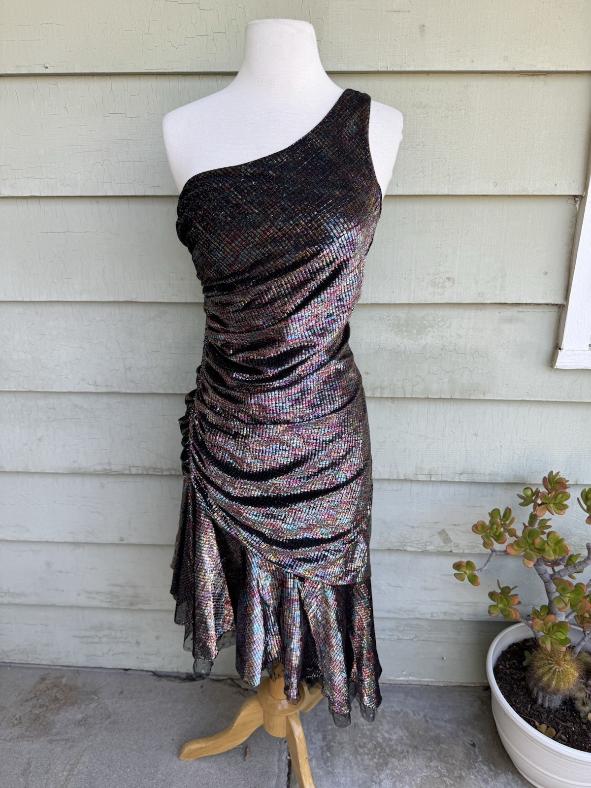Vtg 70’s New Leaf Samir One Shoulder Shimmery Metallic Mermaid Disco Dress S