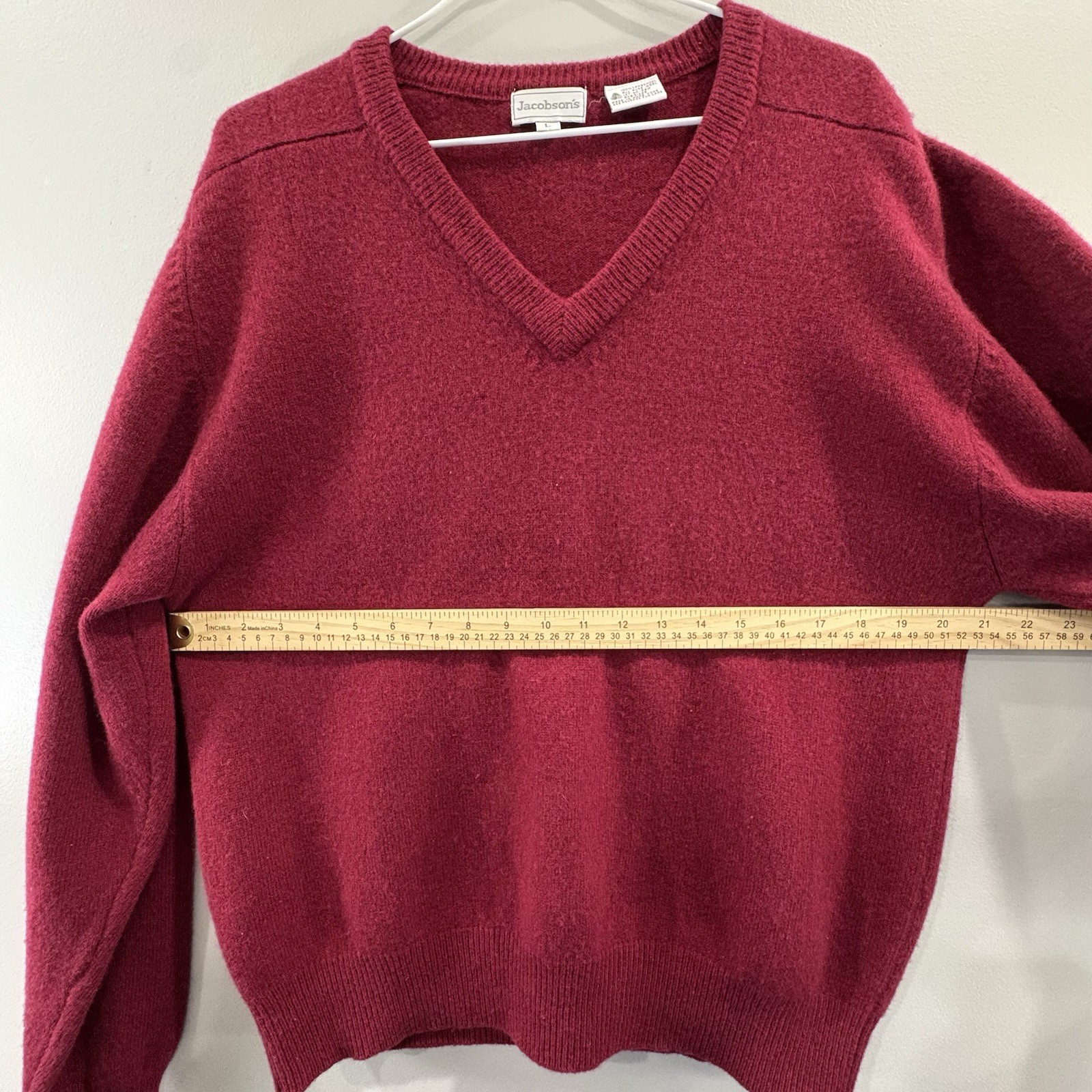 Vintage Jacobson’s 100% Lambswool L Sweater Knit Pullover V-Neck Dark Red Preppy
