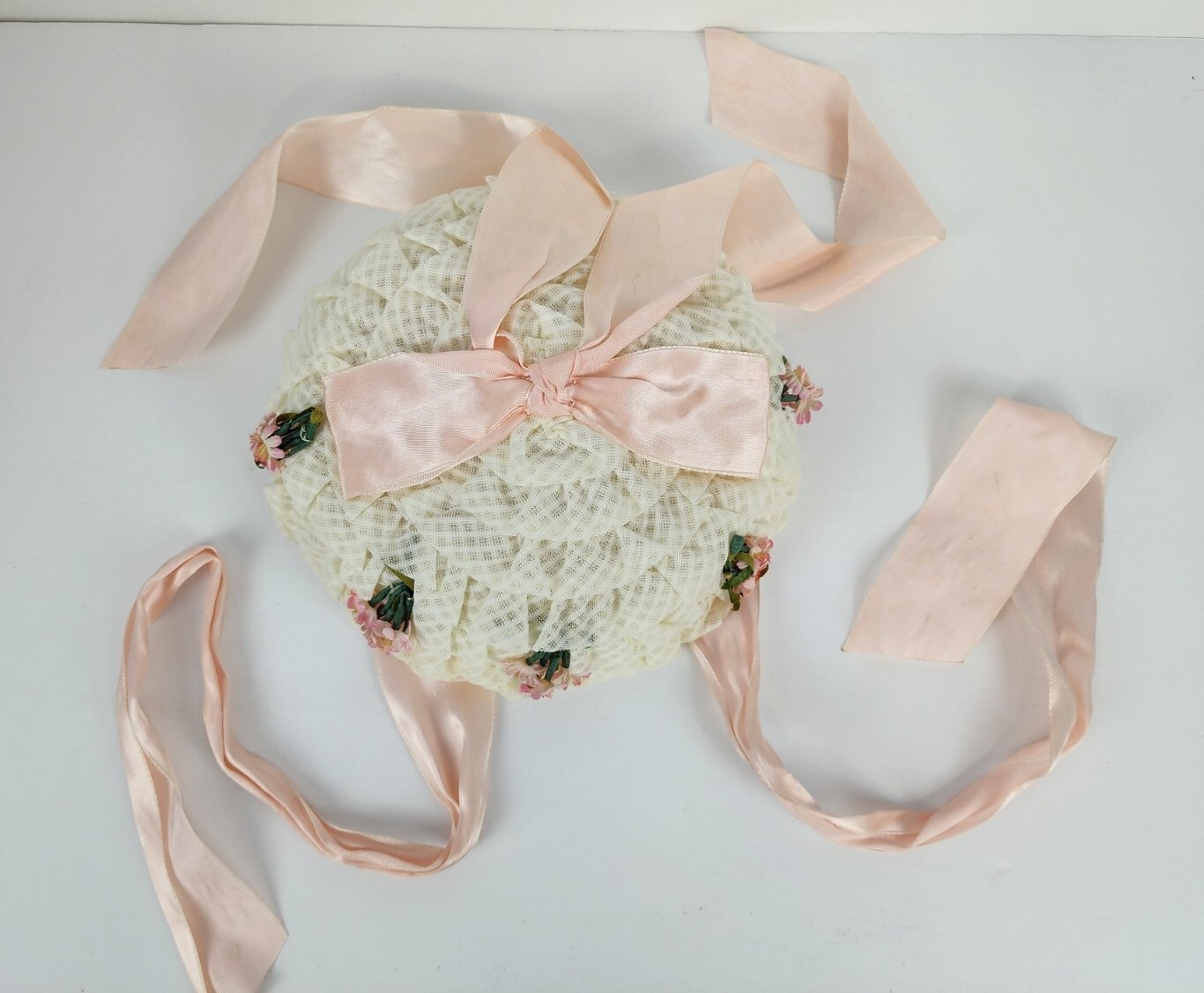 Antique Vintage Pillbox Hat White And Pink Floral With Lace With Ribbon