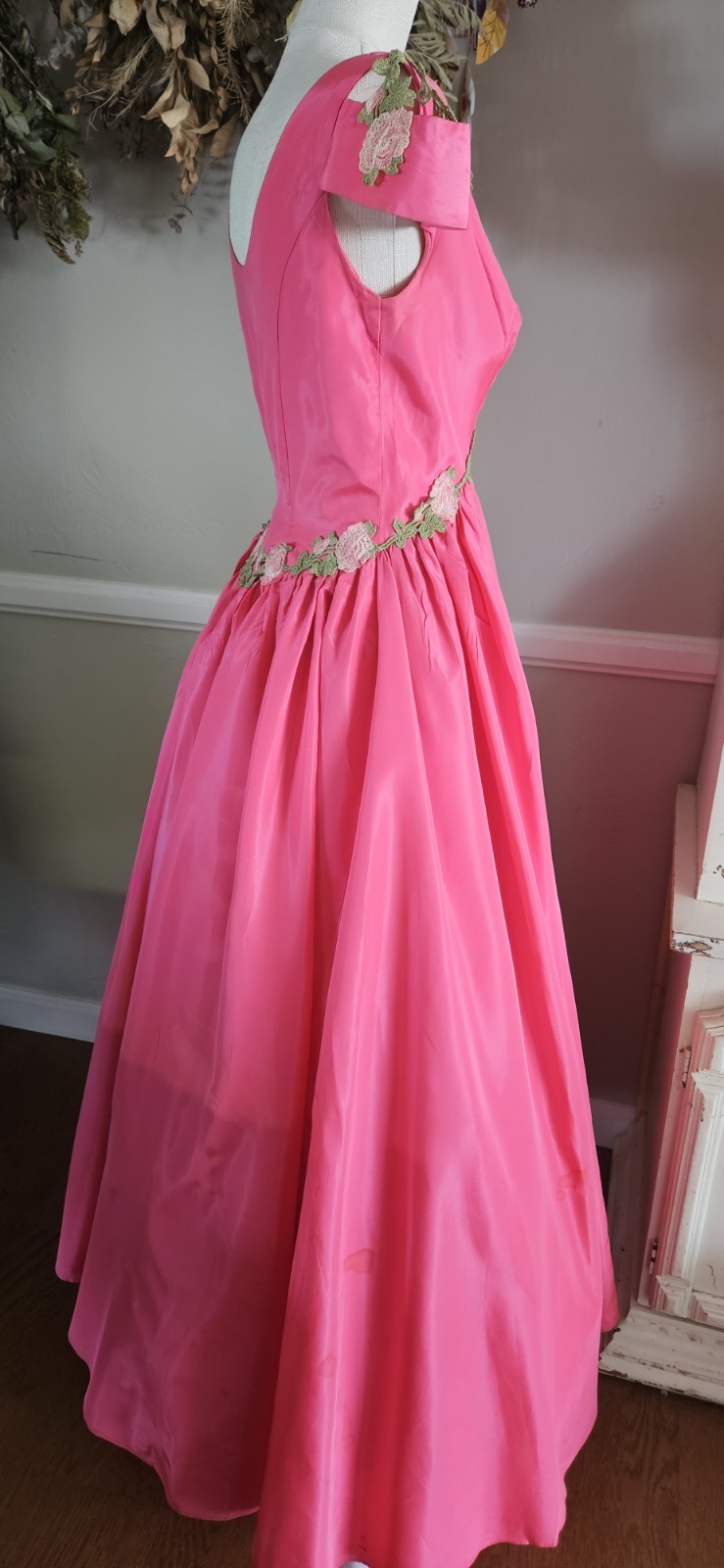 Vintage 1950s Custom Made Ballgown With Floral Accents And Open Shoulders…