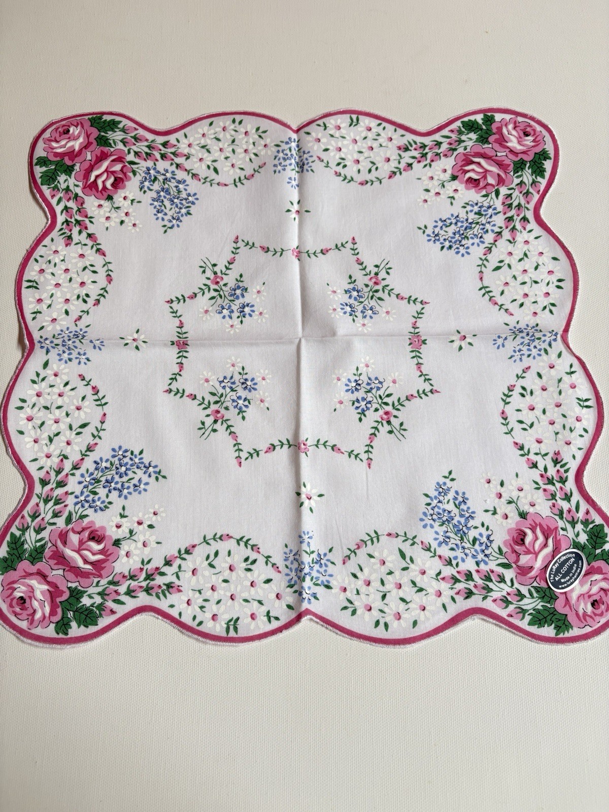 Beautiful New LuRay Pink ROSE Handkerchief Hankie With Scalloped Border
