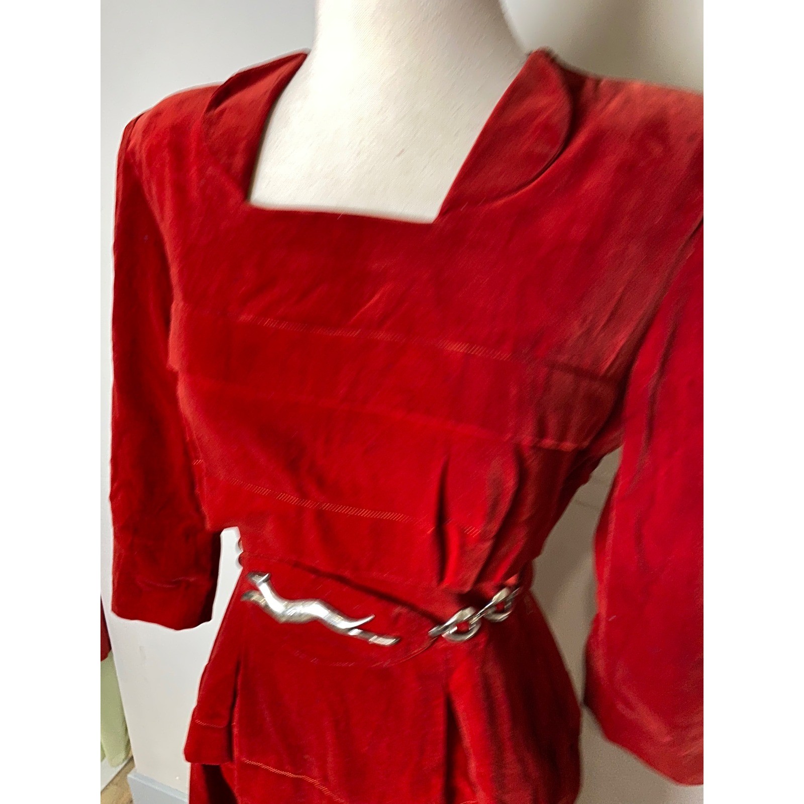 Vintage 1940s Red Velvet Peplum Dress with Original Greyhound Belt Red Medium
