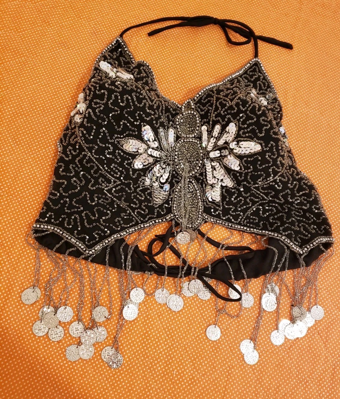 Vtg 70s Beaded Silk Black Coin Butterfly Halter Silver Sequin Hippie Festival S