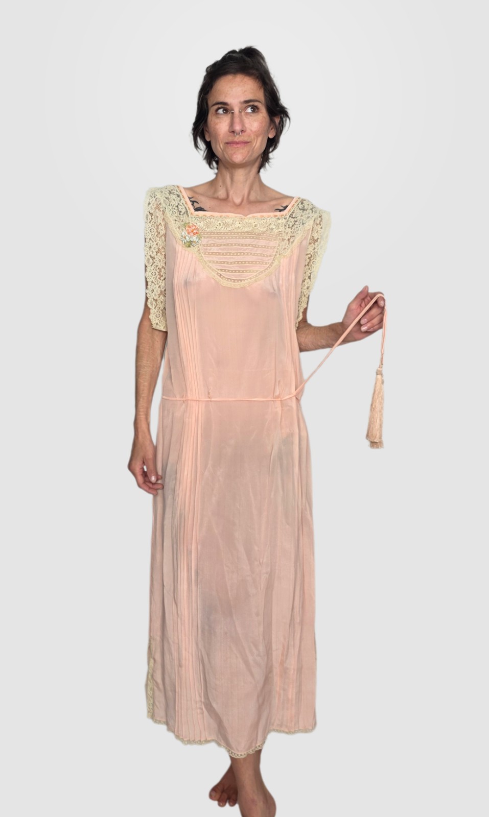 1920s Pink Silk Chiffon Flapper Dress With Lace Cape Sleeves & Tassel Tie