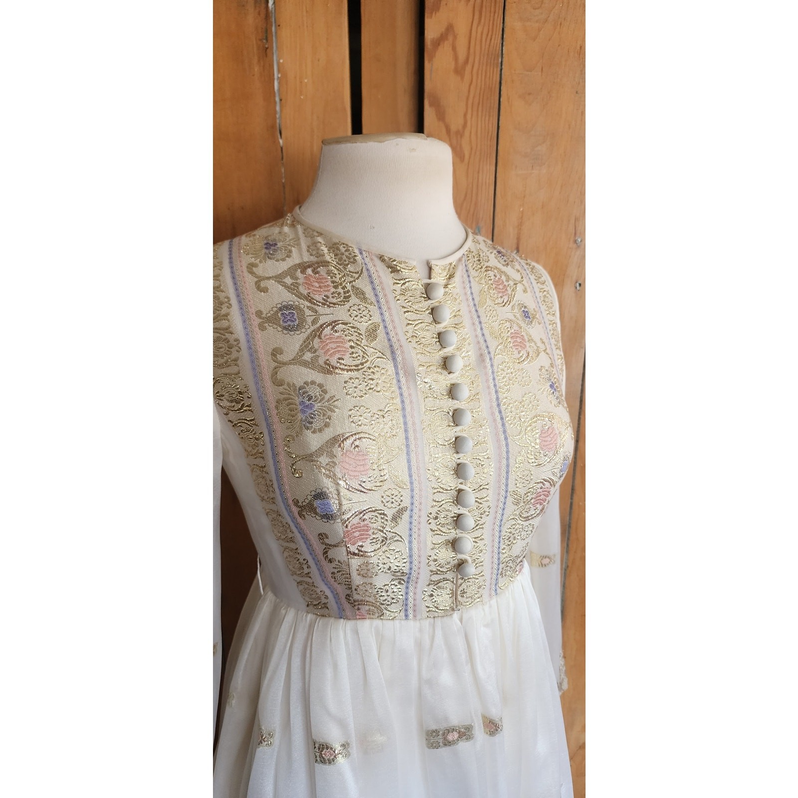 Vintage 60s 70s Exotic Midi Dress Gold Brocade White Organza Chuck Howard