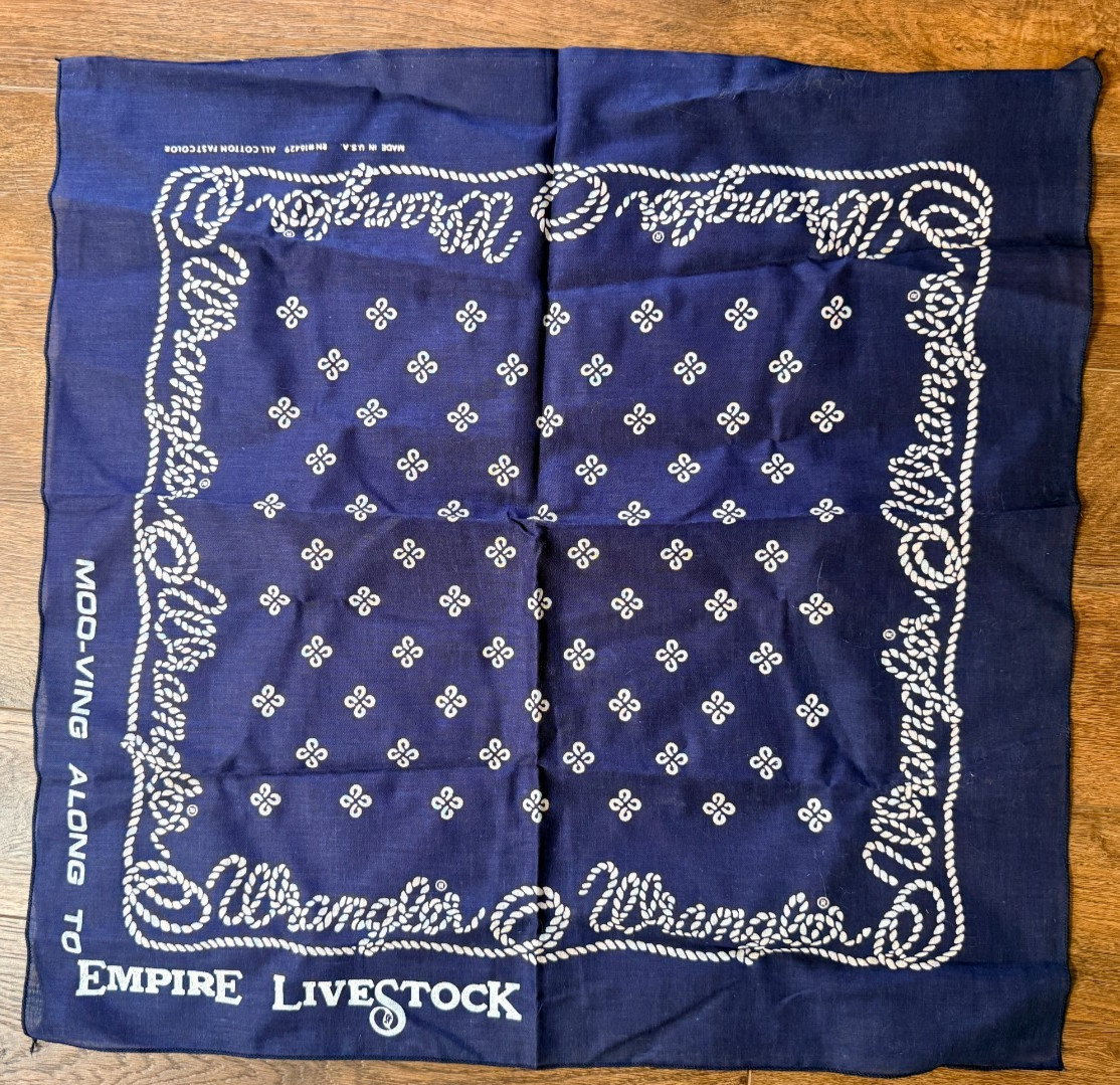 Vintage 70s Blue WRANGLER Bandana ~ 100% Cotton, Made In USA ~21” Square