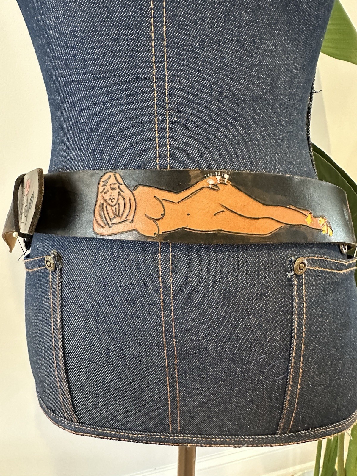 Vtg 70s Sweet Gypsy Rose Naked Woman Tooled Leather Belt OOAK 37in Music Hippie