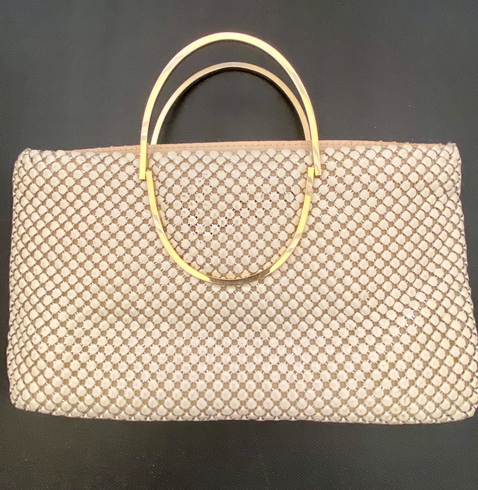 Vintage Beige Metal Mesh Handbag w/Gold Handles