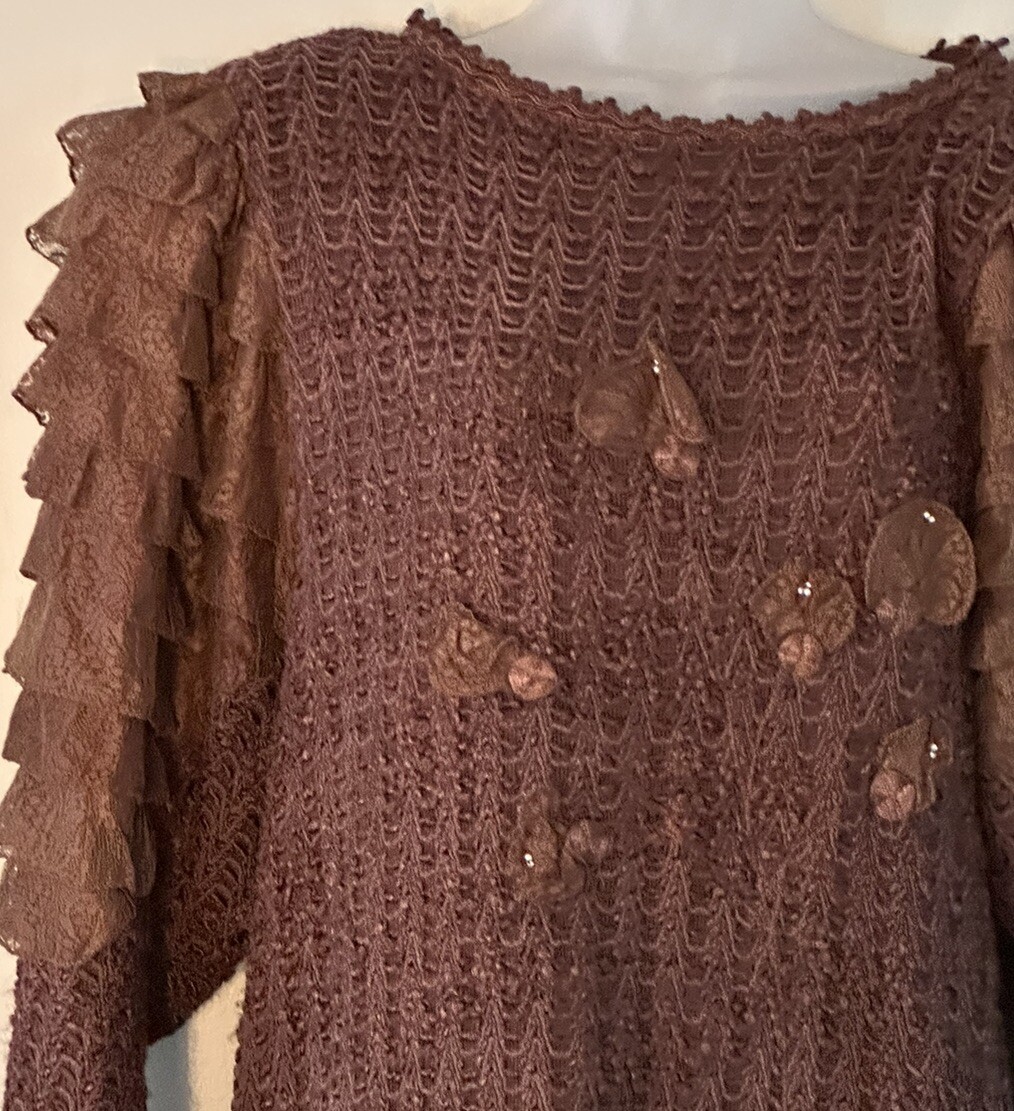 Vintage 80s Brown Crochet Sweater Dress Ruffle Sleeve Whimsigoth Goth Boho