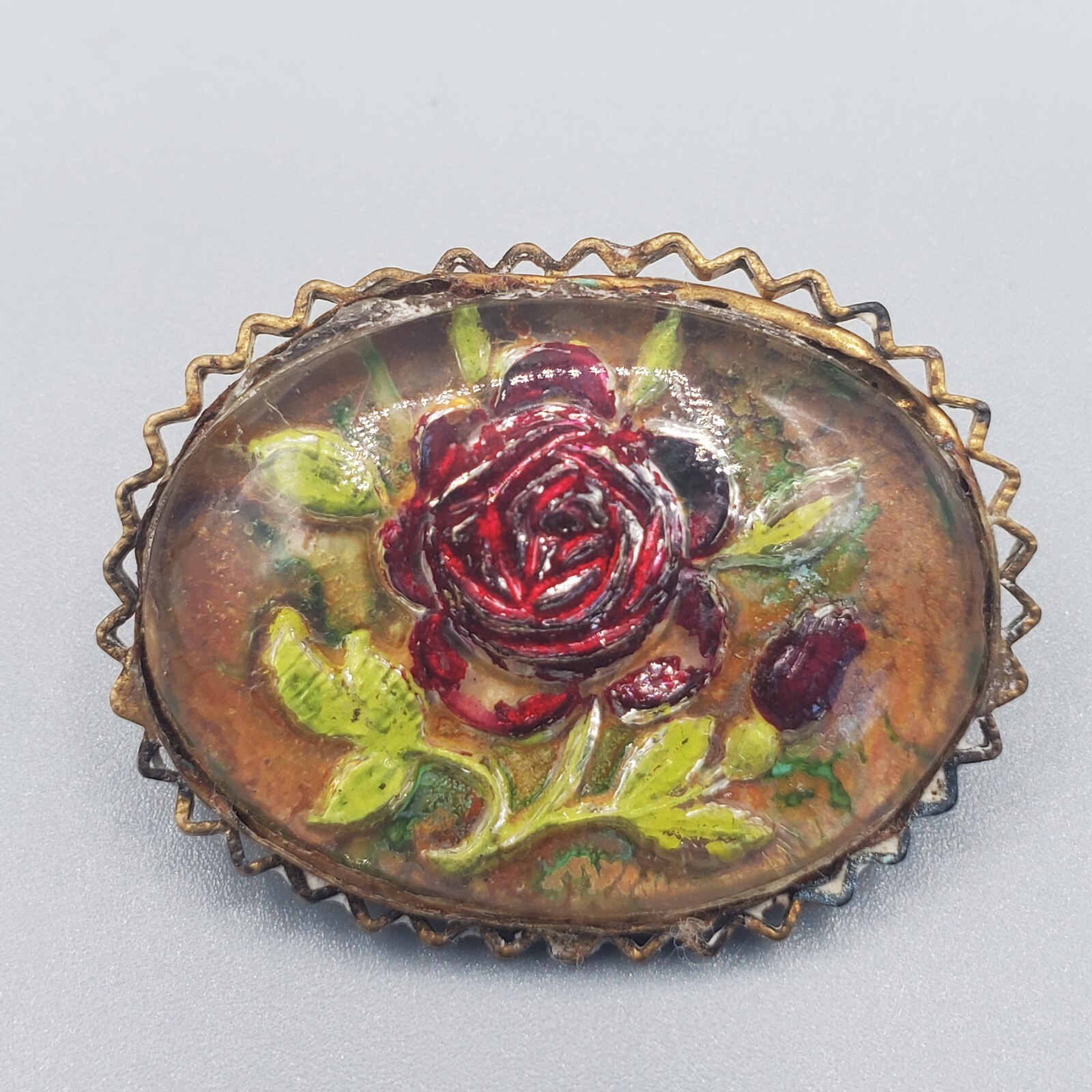 Vintage Czech Glass Belt Sash Buckle Reverse Painted Rose Goofus One Piece
