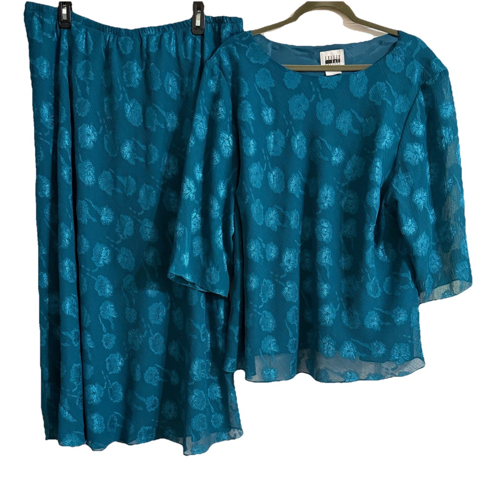 Vintage Leslie Fay Top & Maxi Skirt Sz 24WP Dk Turquoise Lined Classy Easy Care