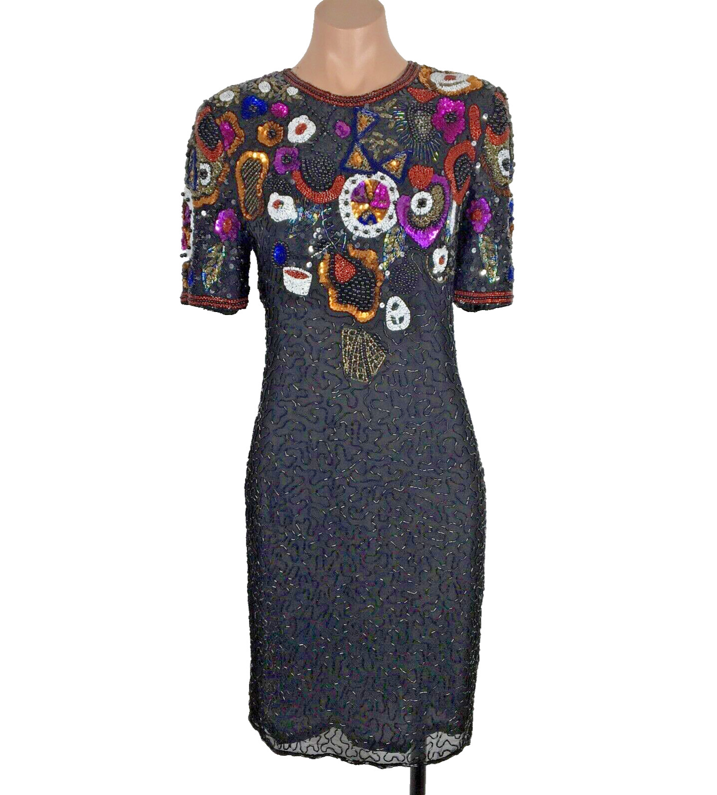 Vtg 80s Black Floral Silk Sequin Beaded Cocktail Party Gown Glam Dress P S EUC