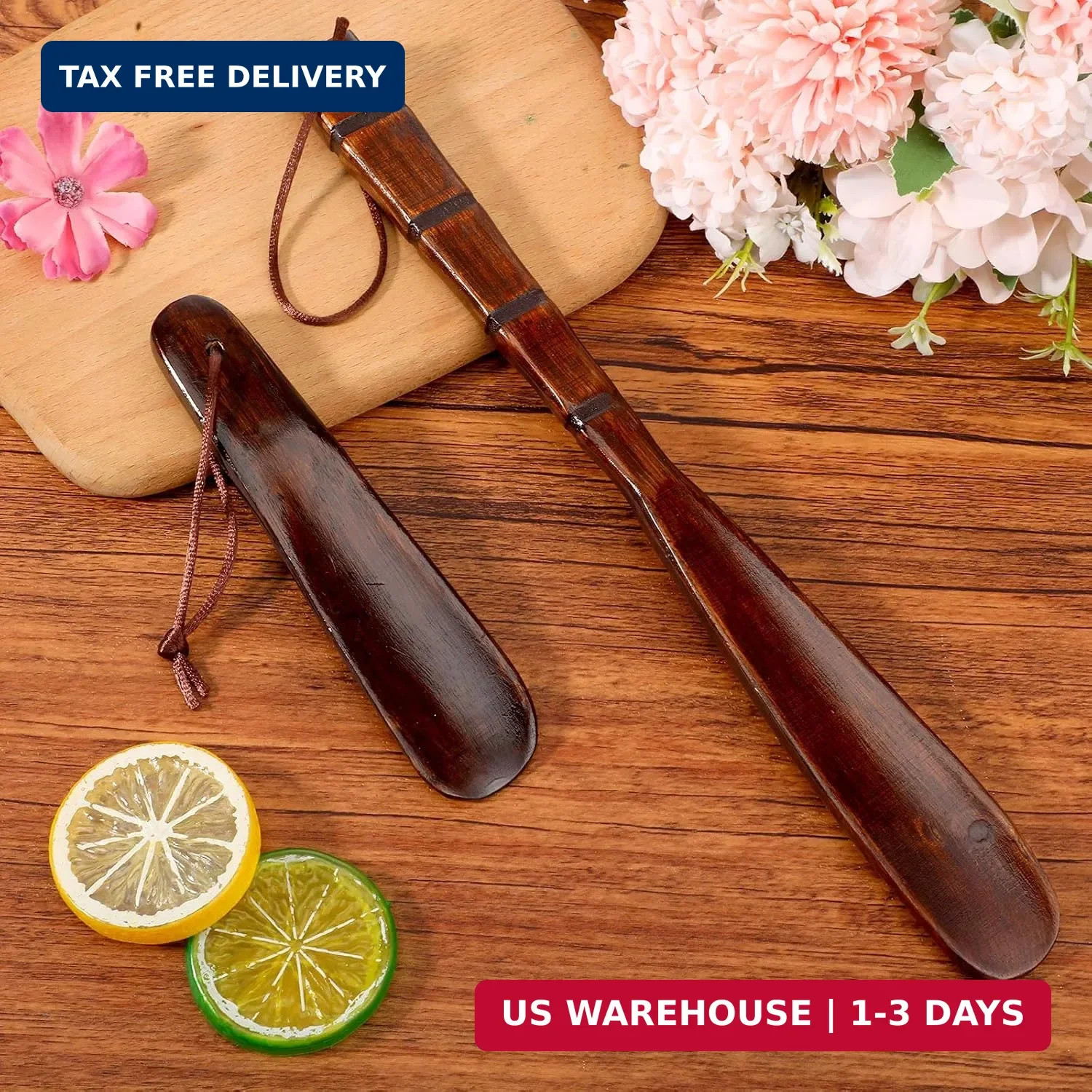 2pcs Wood Shoehorn Long and Short Handle Shoe Horn Shoe Spoon Non Slip Shoe
