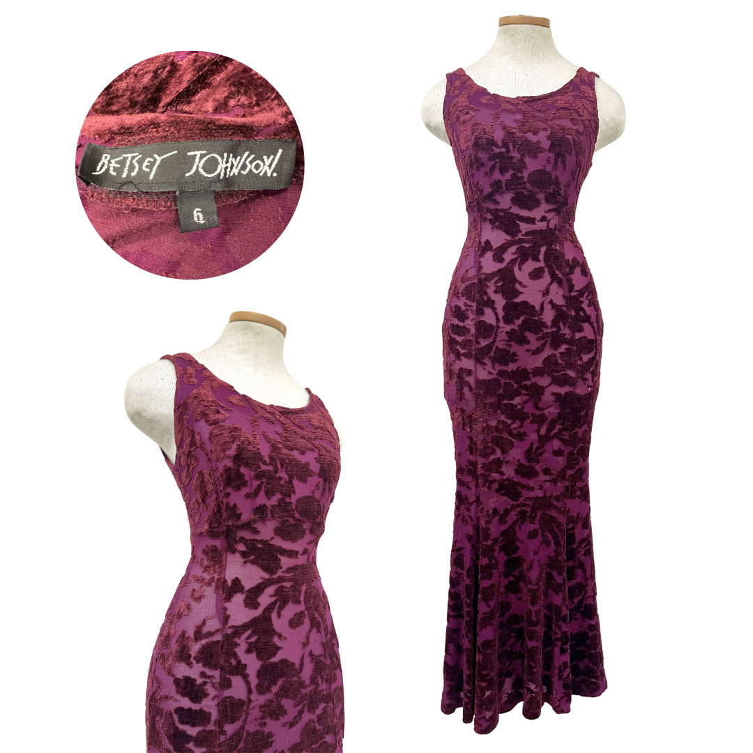 Vintage 1990s Betsey Johnson Burgundy Sheer Floral Velvet Burnout Maxi Dress