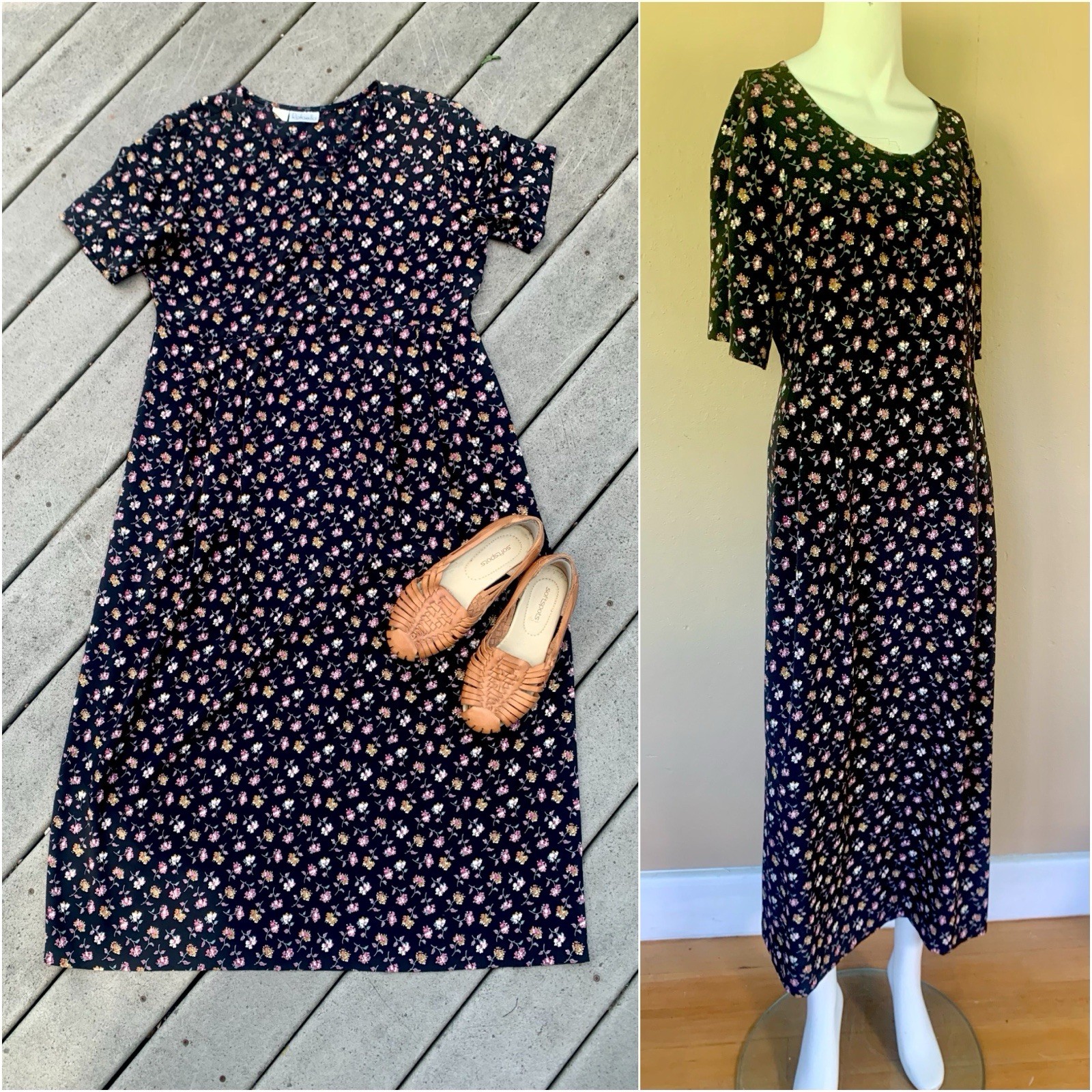 Vintage 90’s Black Floral Button Up MIDI Dress | Babydoll Maxi Dress w Waist Tie