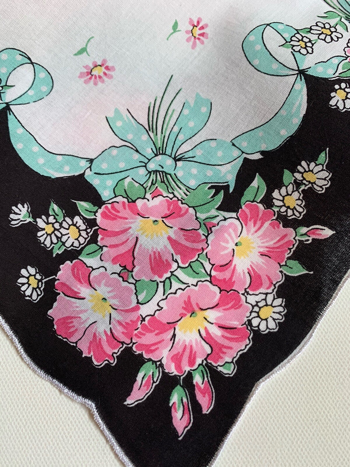 Beautiful New Black Floral Handkerchief ~ Darling Polka Dot Ribbon LuRay Hankie!