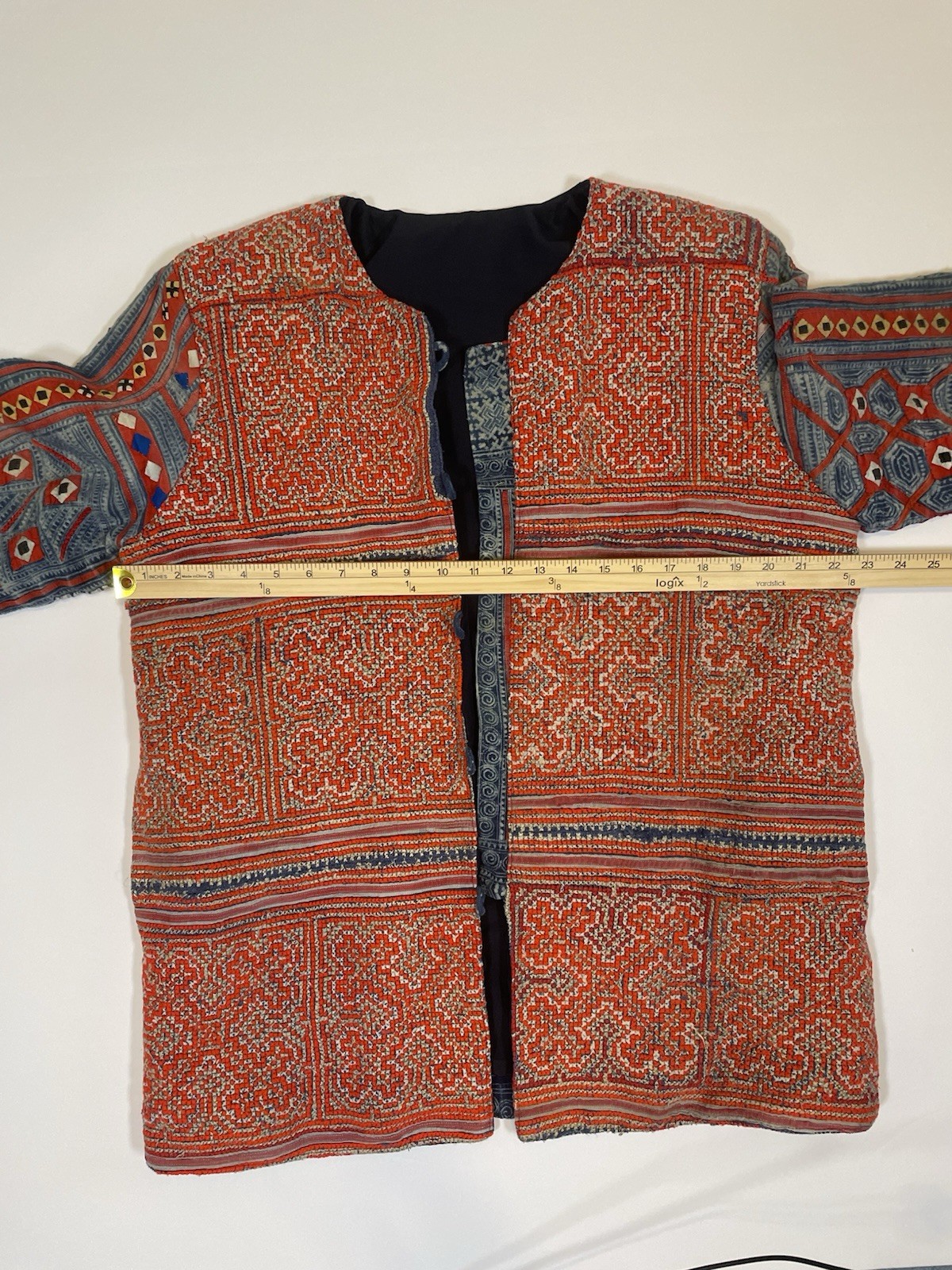 Vintage Hmong Style Embroidered Jacket Boho Ethnic Artisan Indigo Print XL