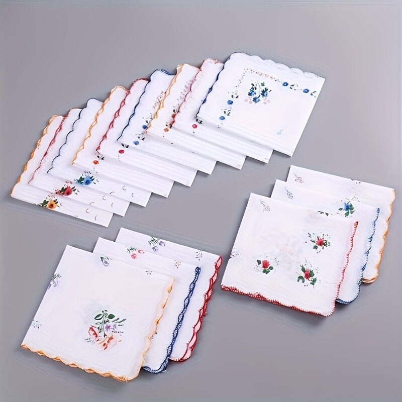 Assorted Women’s Embroidered Cotton Soft Cotton Handkerchiefs 12 Pieces