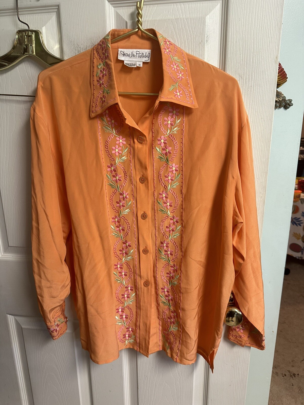Vnt 90s Diane Von Furstenberg Neon Silk Pant Suit Teal Orange Asian Floral Med/L