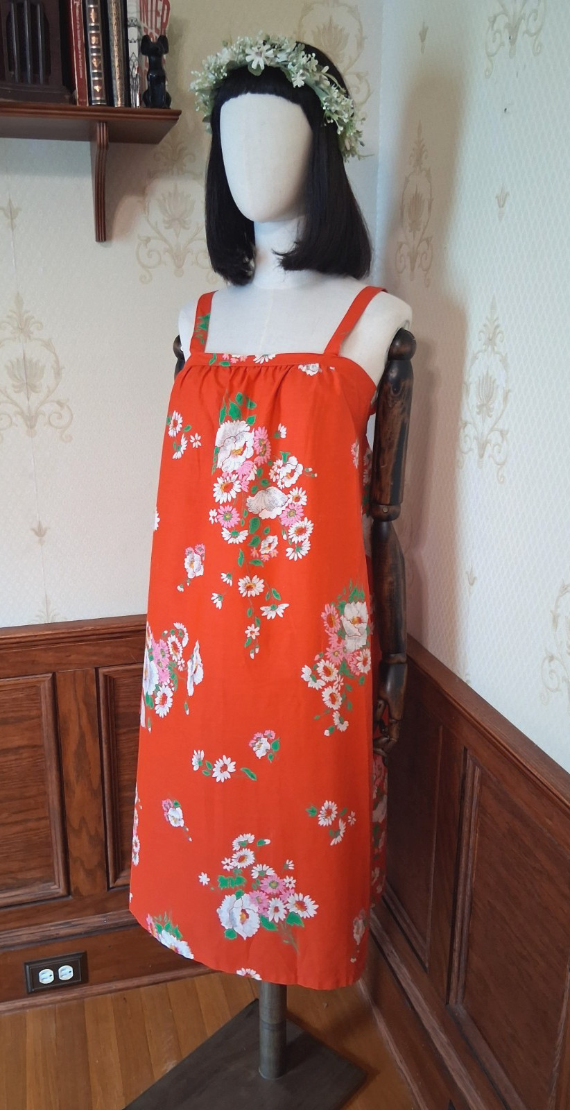 Vintage 1960s/1970s Red Floral Smocked Cotton Blend Mod Hippie Boho Sundress