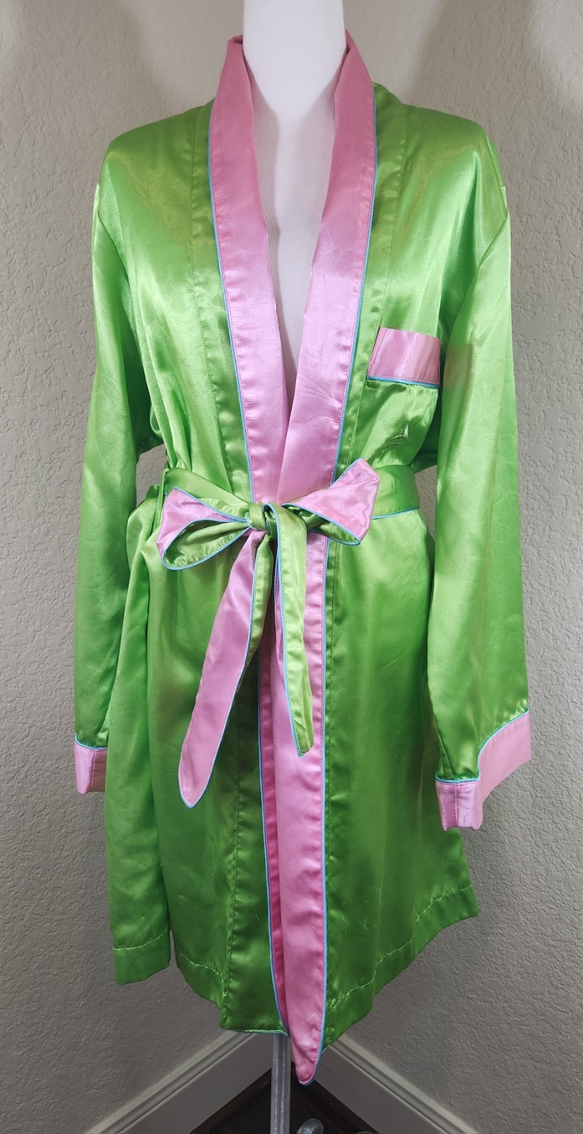 Fernando Sanchez Polyester/Cotton Short Robe Lounger Size S Green Pink
