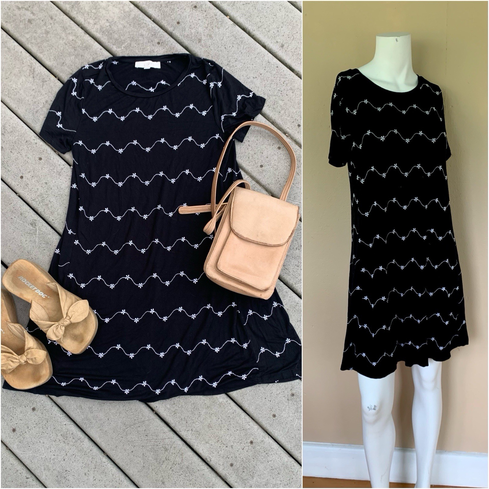 Vintage 90s Black Stretchy Midi Dress | Y2K Short Sleeve Babydoll Mini Dress