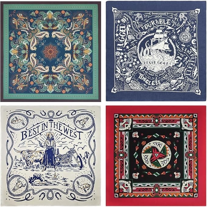 4-Pack 100% Cotton Bandana Set, Vintage Graphic Print, 22×22 inches – Assorted 1