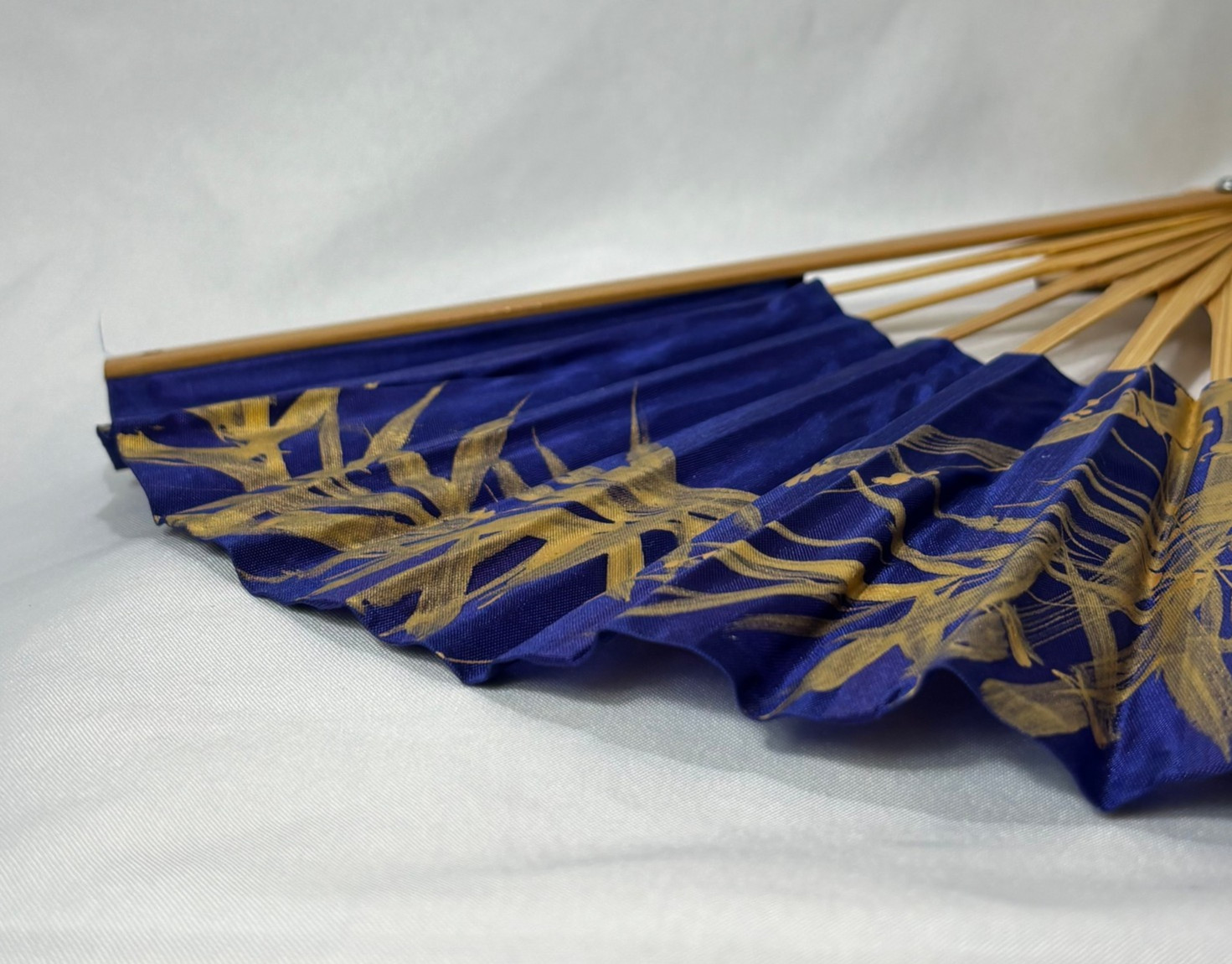 Blue Synthetic Folding Fan Hand Painted Gold Leaves & Bird Bamboo Thailand