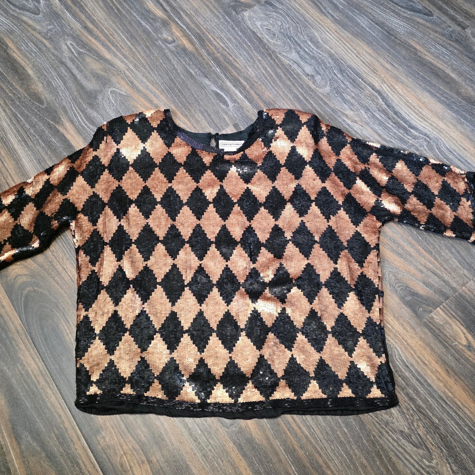 Lauren Alexandra Vintage Silk Sequin Harlequin Top Black Copper Diamond Blouse