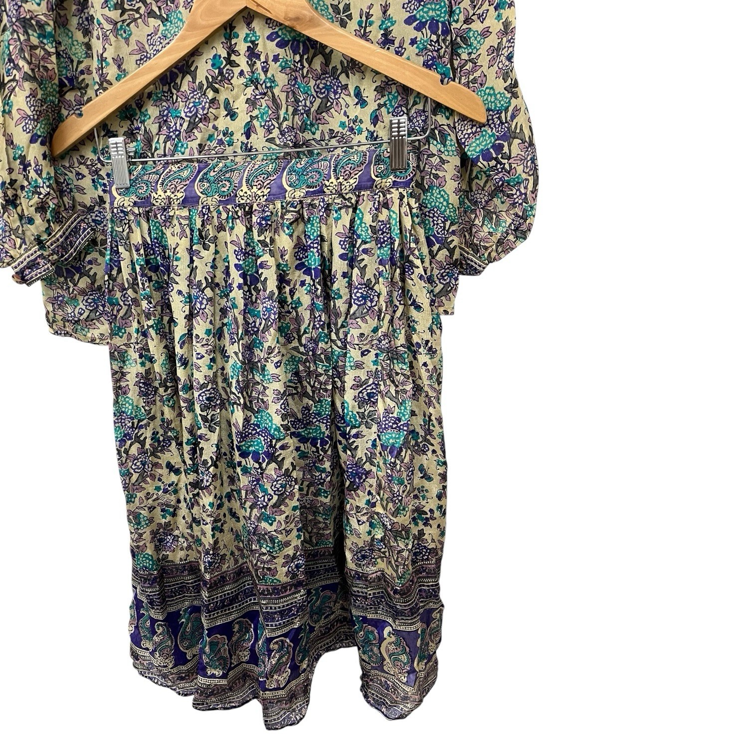 Vintage 70s Phool India Silk Block Top & Skirt Set S