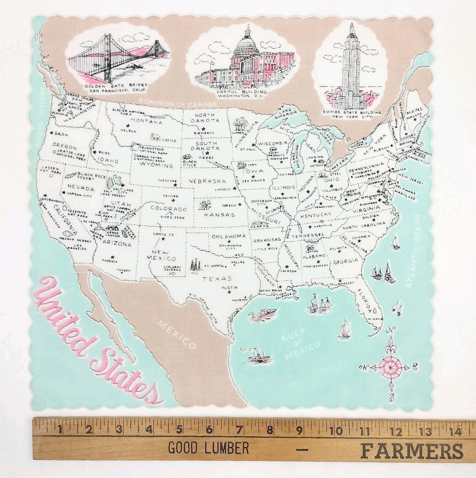Vtg 50s Franshaw United States Map 48 States Hankie Travel Souvenir Blue Pink