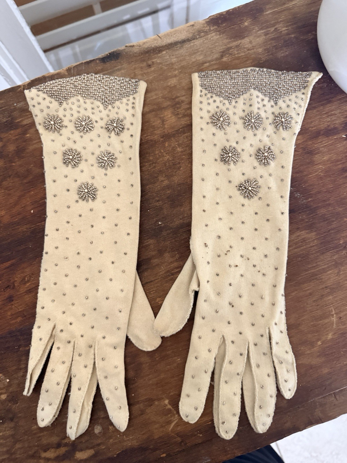 Vintage 1950s Beaded Opera Gloves Cream White Silver Starburst Mid Century MCM