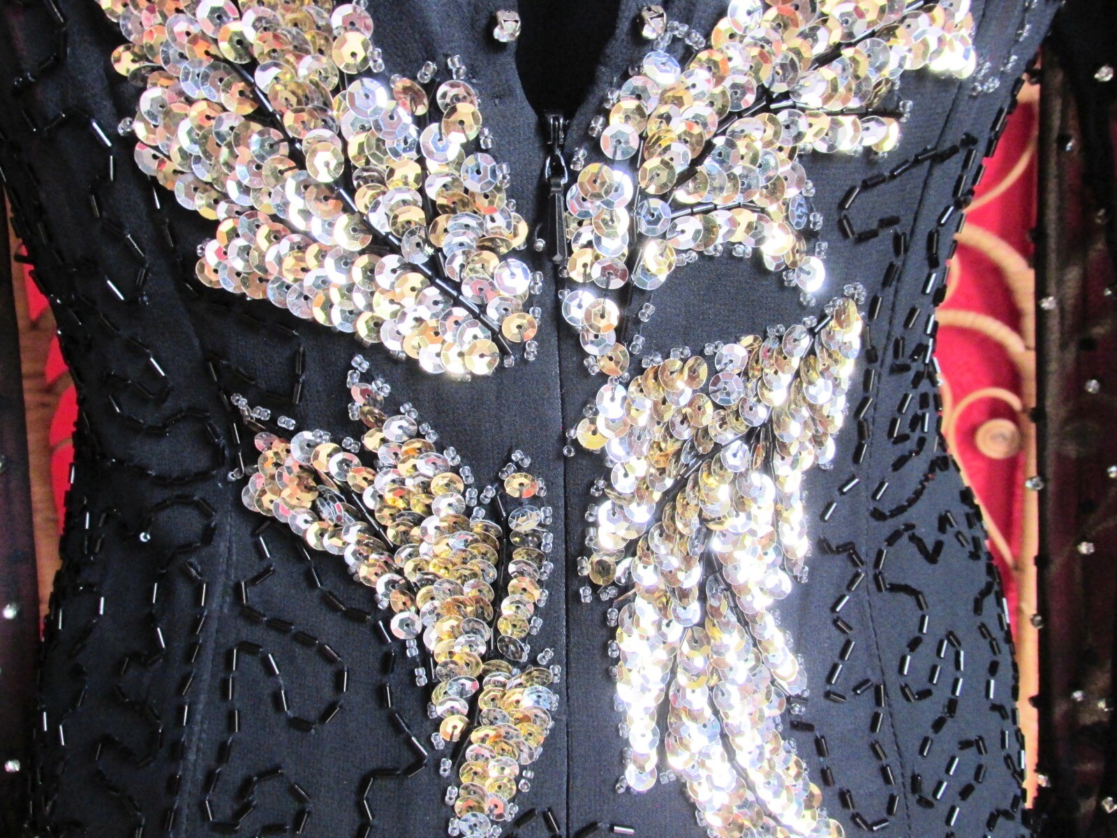 Niteline Black Silk Dress Silver & Gold Sequins Rhinestone Stud Sheer Neck SZ 4