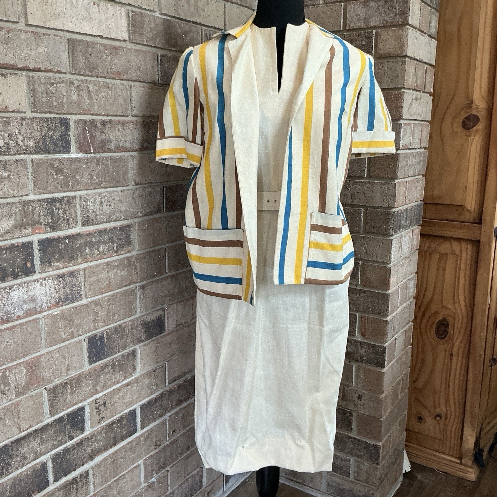 60s VTG Ivan Frederics California Stripe Jacket & Cream Belted Dress Sz S #22D8