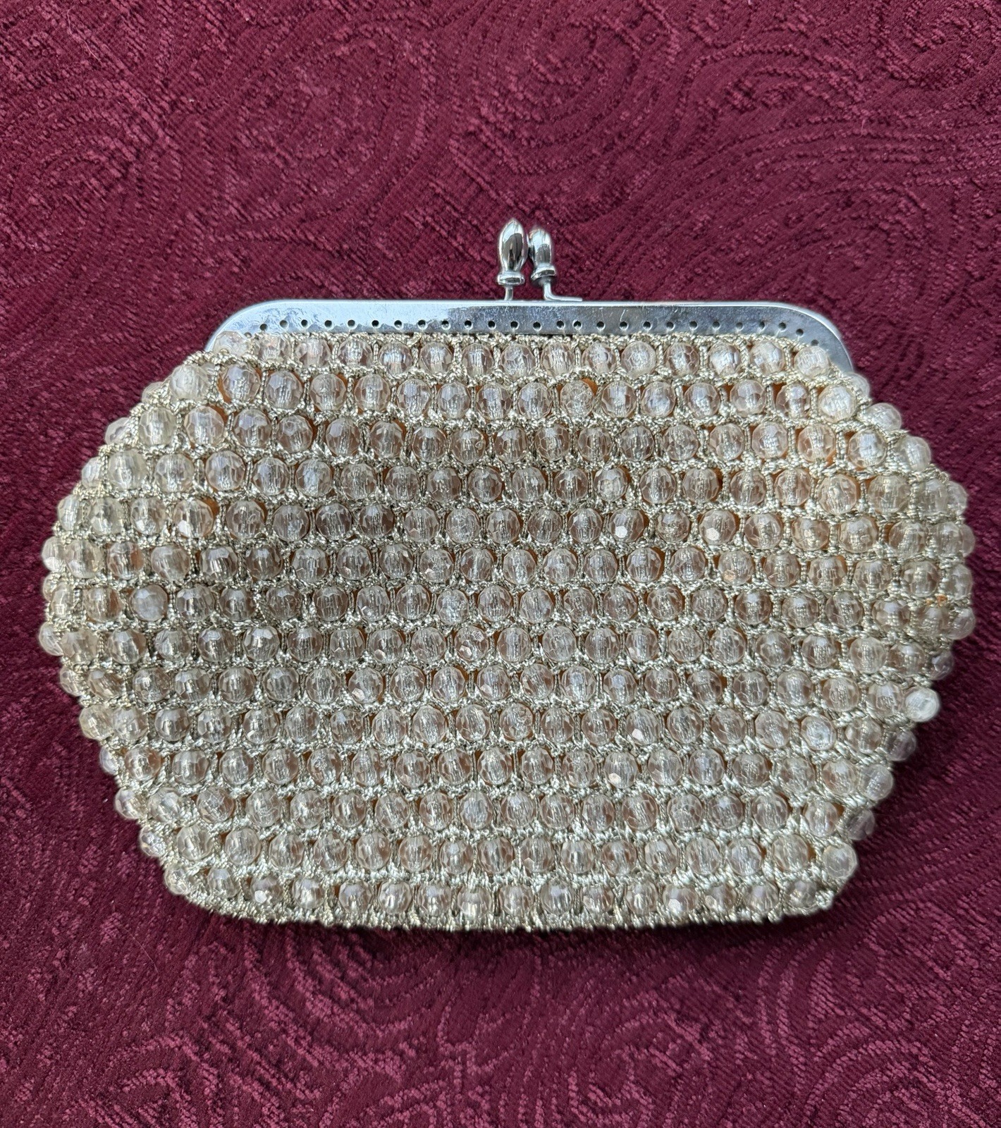 Vintage 1950s 1960s Clear Beaded Kiss Lock Clutch Purse Mid Century Evening Bag
