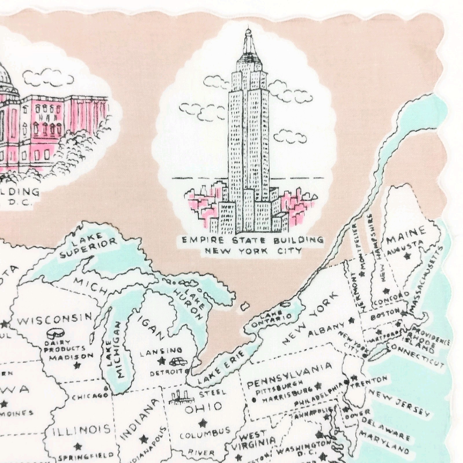 Vtg 50s Franshaw United States Map 48 States Hankie Travel Souvenir Blue Pink