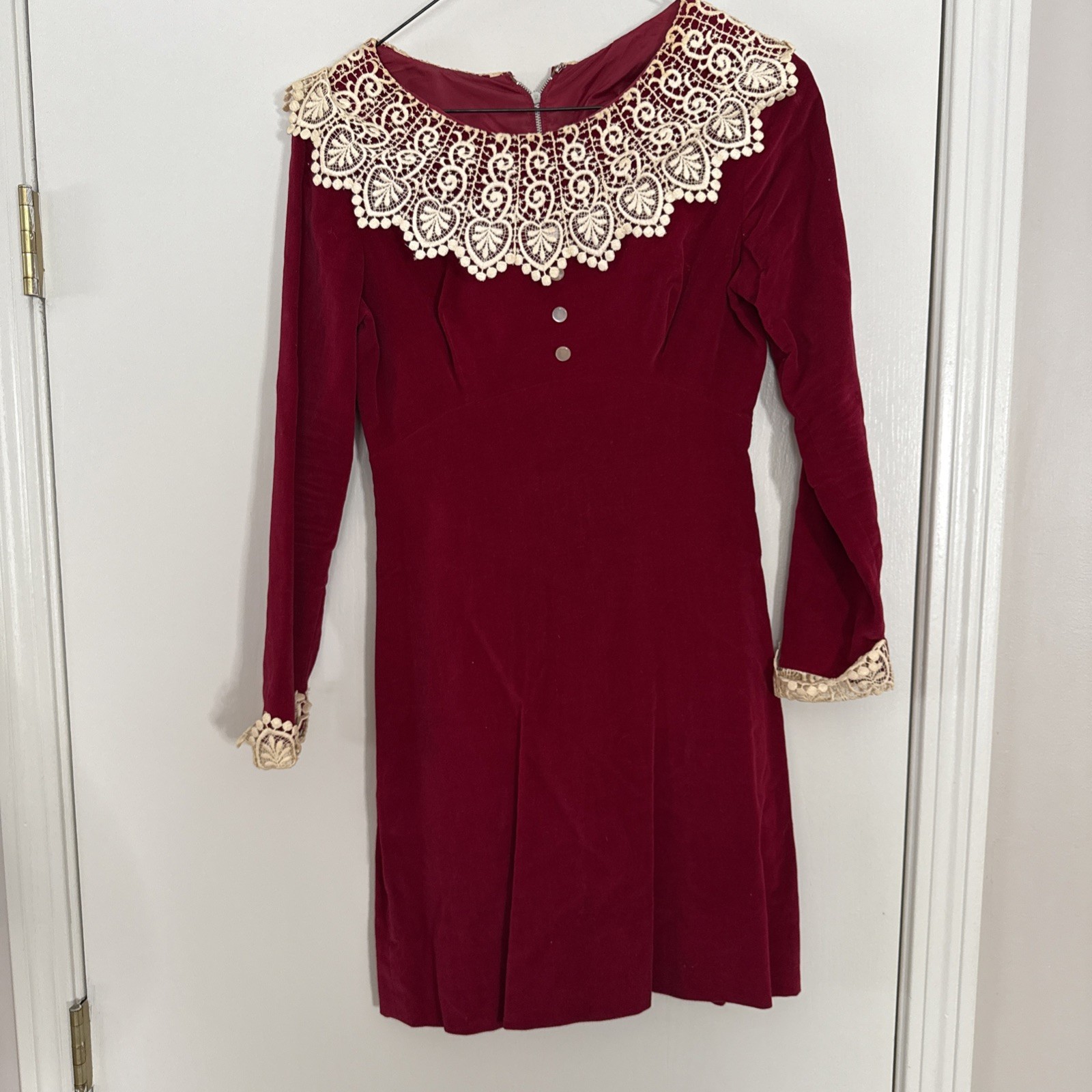 Vtg 1960’s RED VELVET EMPIRE WAIST DRESS 70’s Carol Brent Lace Collar Cuff Sz M?