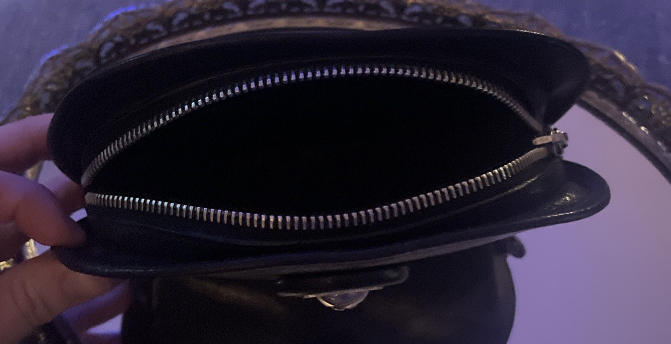 Vintage BALENCIAGA Black Leather Small zipped Bag Rare silver circular emblem.