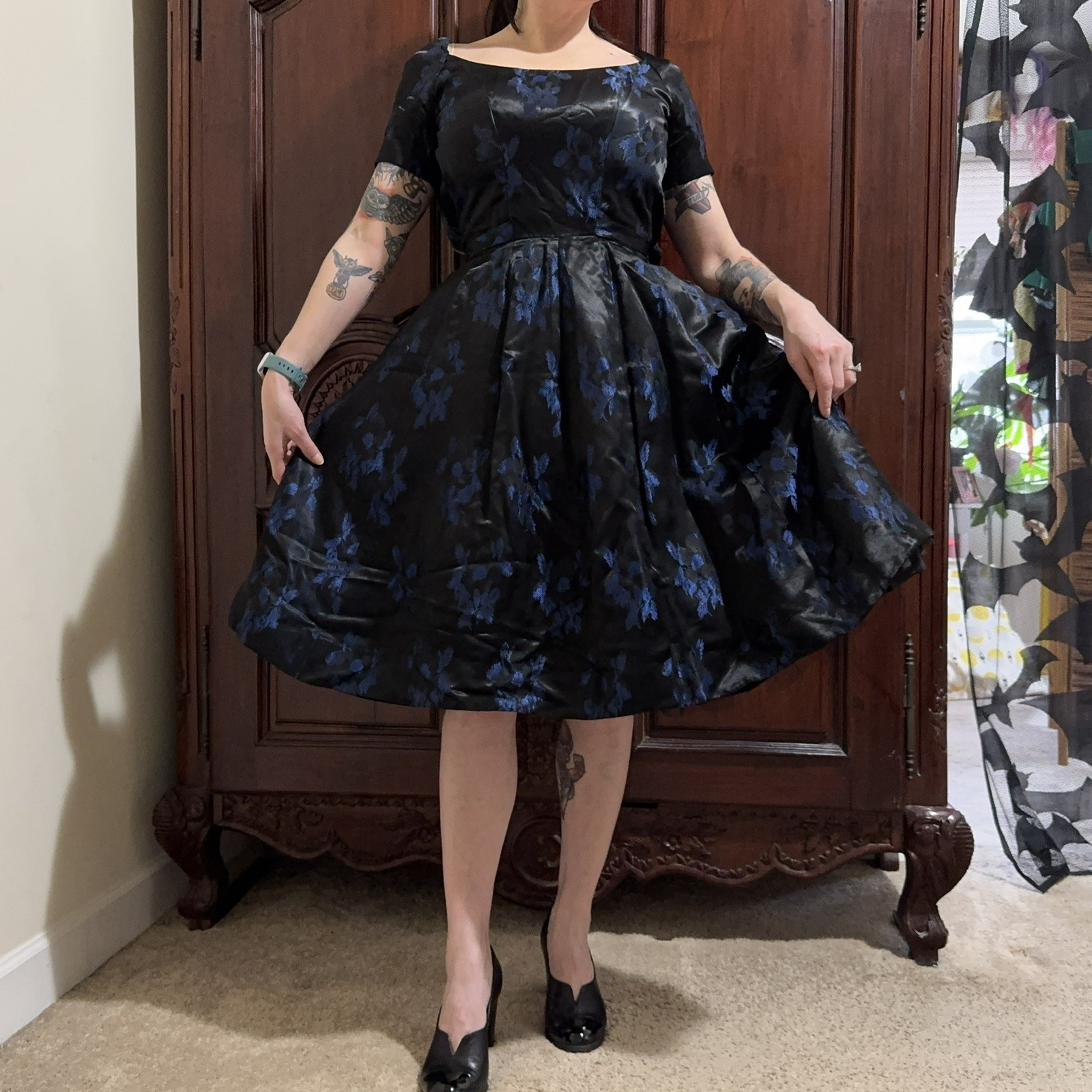 Gorgeous 1950s Vintage Suzy Perette Fit And Flare Black And Blue Party Dress