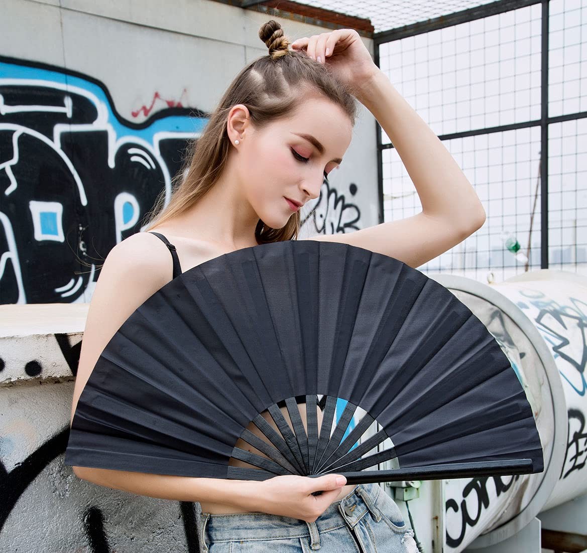 Amajiji Large Folding Hand Rave Fan for Women/Men, Chinease/Japanese Bamboo and