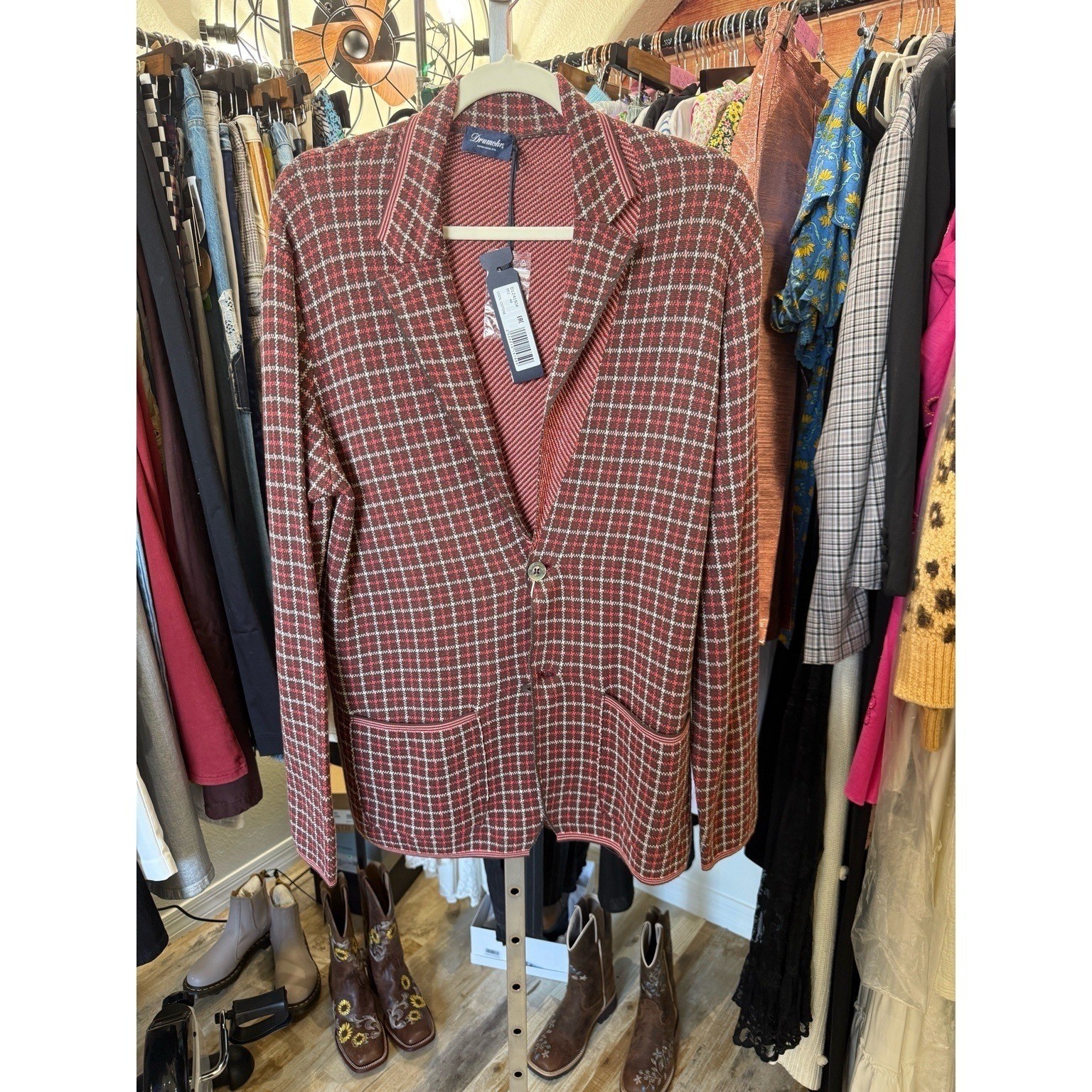 Drumohr Made in Italy Red Plaid Knit Blazer Jacket Mens 48 IT 38 US NWT