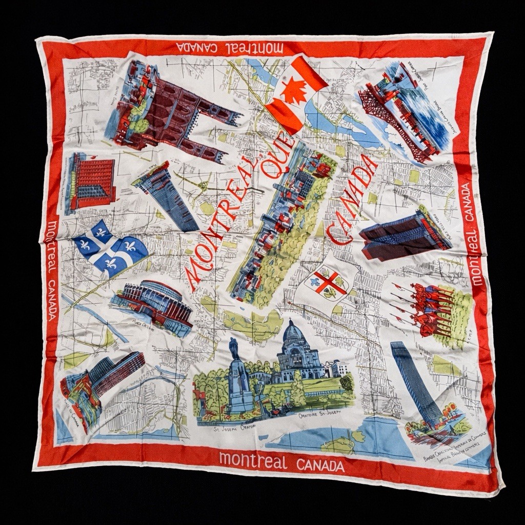 Vintage Montreal Map Scarf Japan Acetate Twill 70s Retro Travel Landmarks 25 In