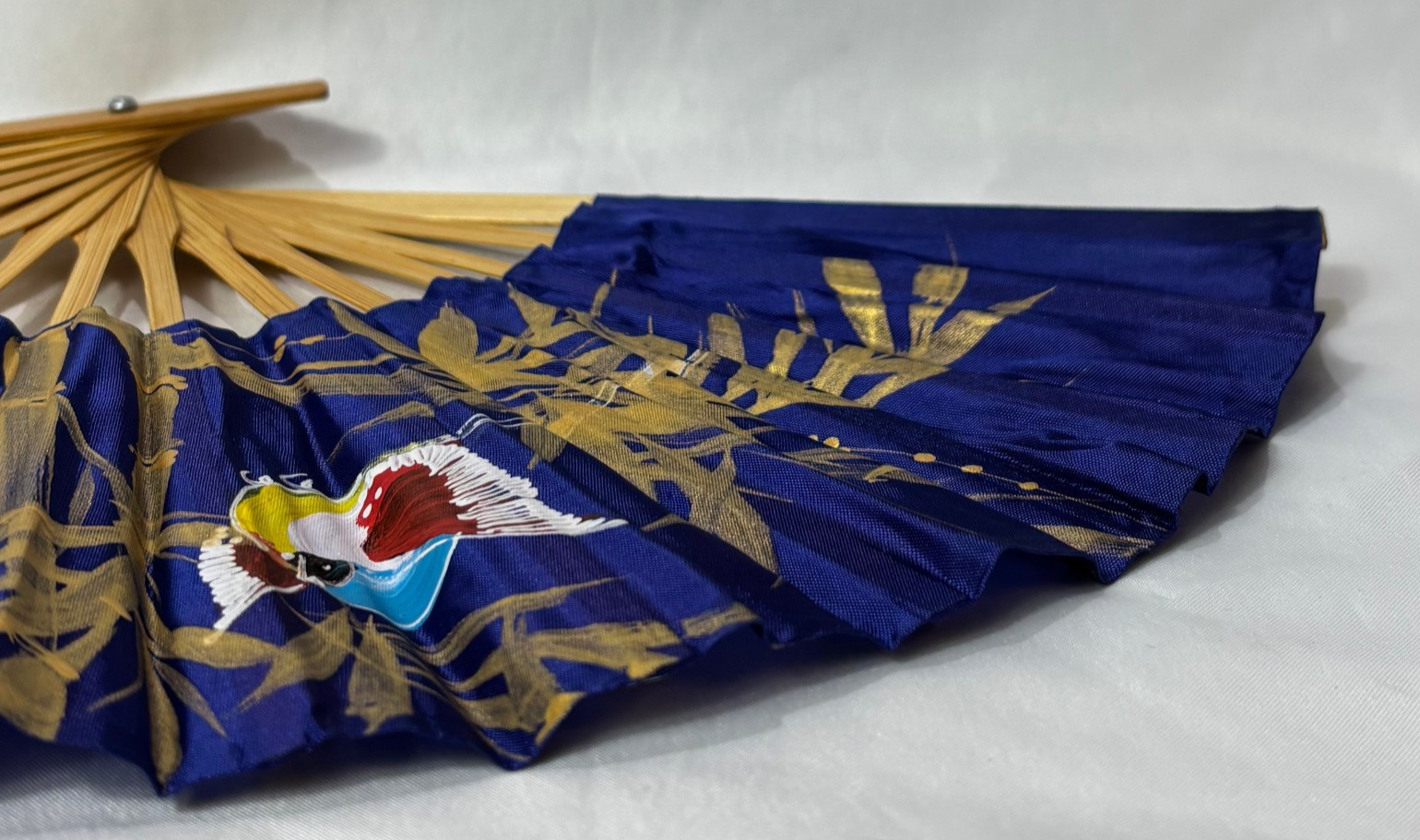Blue Synthetic Folding Fan Hand Painted Gold Leaves & Bird Bamboo Thailand